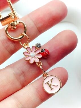 Gold Pink Daisy Ladybug Initial Charm Keychain